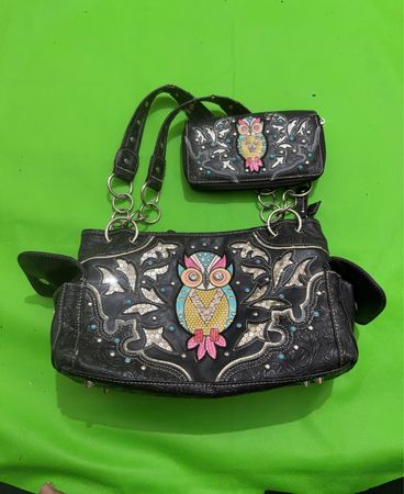 Black Handbag and Wallet Set with Owl Design