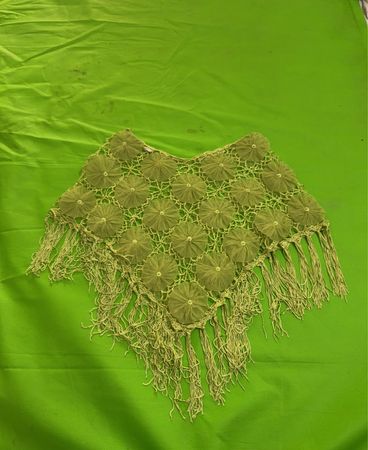 Green Poncho with Floral Appliques and Fringe