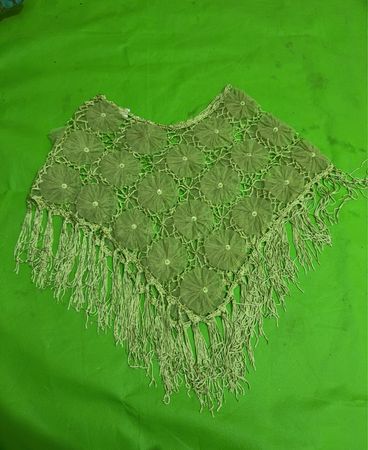 Green Poncho with Floral Appliques and Fringe