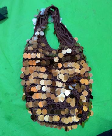 Brown sequined crochet tote bag