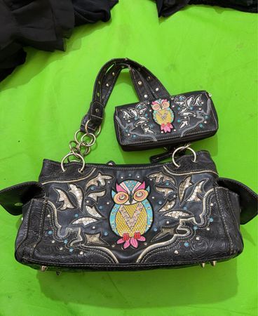 Black Owl Embellished Handbag and Wallet Set
