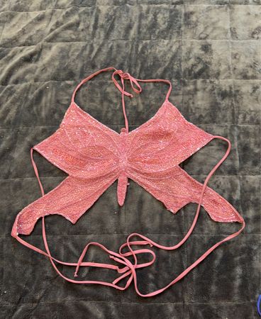 Pink Sequin Butterfly Halter Top