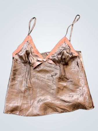 Braunes Satin-Cami mit rosa Spitzenbesatz