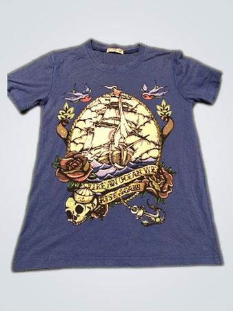 LONG QI Blaues T-Shirt mit Schiffsdruck