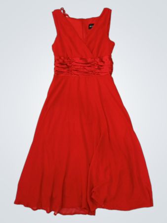 Rotes ärmelloses V-Ausschnitt Kleid mit Rüschensaum