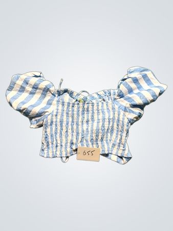 Blue and white striped puff sleeve cropped top