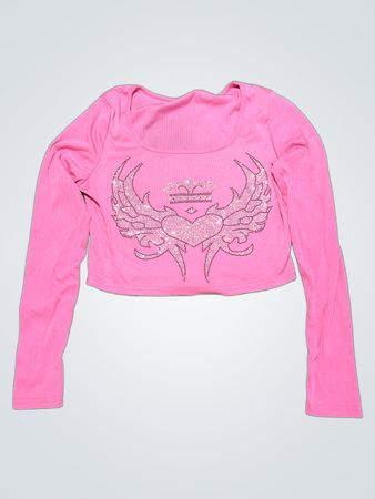 Rosa langärmeliges Croptop mit Herz- und Flügelgrafik