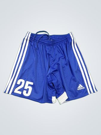 Blue Adidas Shorts with White Stripes and Number 25