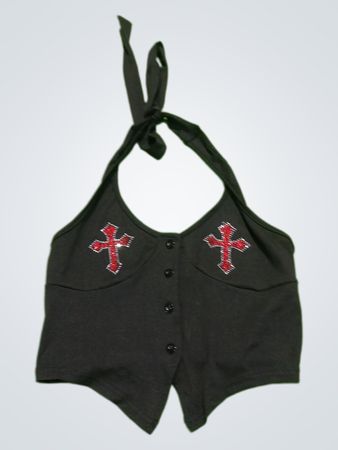 Black halter top with red cross embellishments