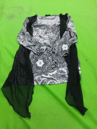 Emotions Black and White Paisley Print Blouse with Sheer Sleeves