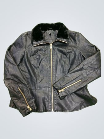 BACCINI Black Faux Leather Jacket with Fur Collar