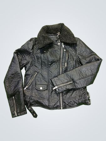 Black Rivet Faux Leather Moto Jacket with Sherpa Collar