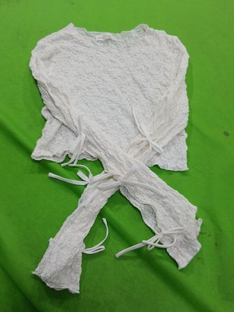 Creamon White Textured Long Sleeve Top with Tie Details