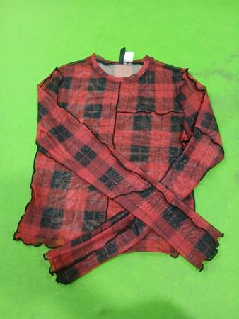 Divided Red Plaid Mesh Long Sleeve Top