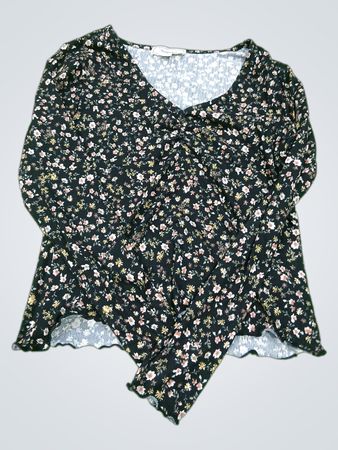 No Comment NY-LA Black Floral Print V-Neck Long Sleeve Top