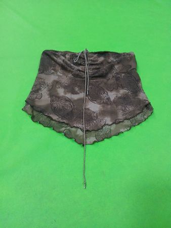 Brown patterned tube top with ruffled hem and drawstring