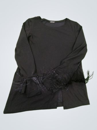 Black long-sleeve top with feather trim