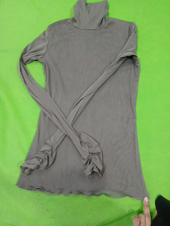 Grey Turtleneck Mesh Top with Ruffle Cuffs