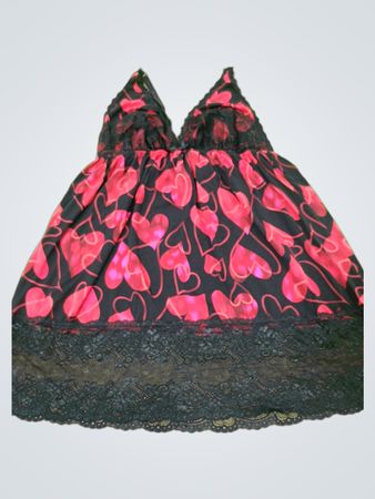 Spoofy Sleepwear Red Heart Print Babydoll with Black Lace Trim