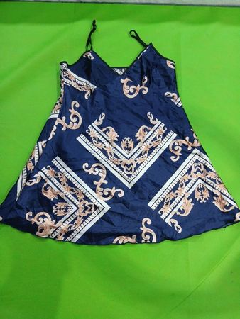 Navy Blue Satin Slip Dress with Gold Pattern