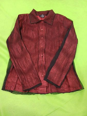 West End Women's Red Textured Blouse with Black Mesh Accents
