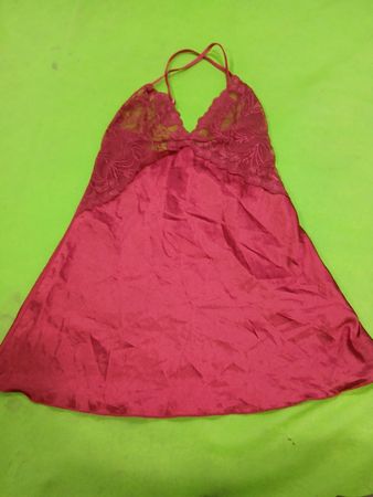 Red satin slip dress with lace detailing