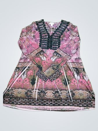 World Unity Women's Pink Floral Print Long Sleeve Tunic Top
