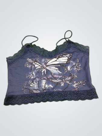 Débardeur bleu foncé avec imprimé papillon et bord en dentelle