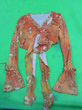 Orange Mesh Sun and Floral Print Tie Front Long Sleeve Top