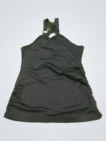 Schwarzes Neckholder-Top mit gerafften Seiten und Spitzenbesatz