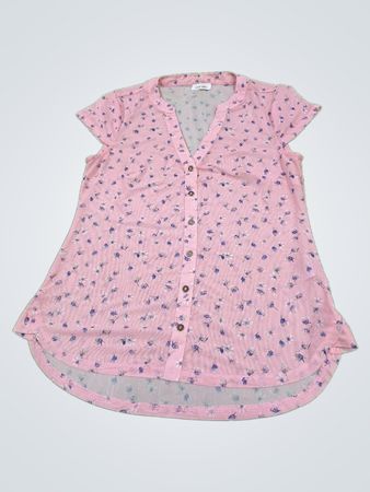 DENISE DUMAS Pink Floral Kurzarm-Bluse mit Knöpfen
