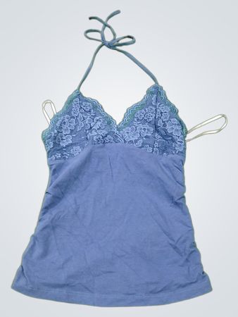 Blaues Neckholder-Top mit Spitzenbesatz