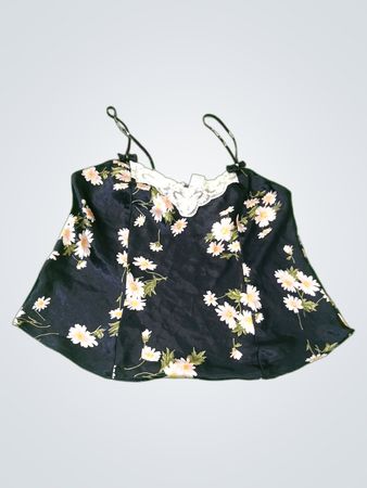 CERIZE Schwarzes Blumenmuster-Top mit Spaghettiträgern und Spitzenbesatz