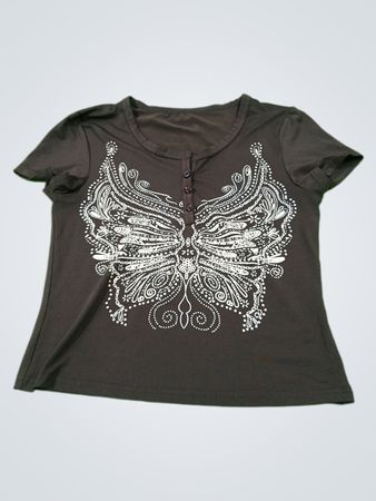 Damen-T-Shirt in Dunkelbraun mit Schmetterlingsmotiv