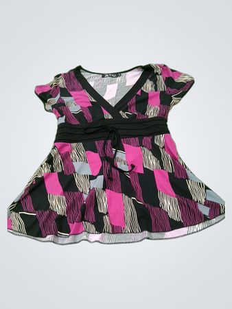 DMJ Fashion Damen Top mit V-Ausschnitt, geometrischem Druck und Taillenschnürung