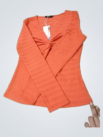 DOKOTOO Orange strukturiertes Langarm-Oberteil mit gedrehtem Vorderteil