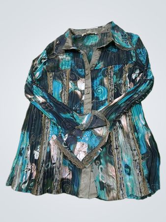 Ness Damen XL blau-grüner abstrakter Druck Plissiertes Hemd mit Knopfleiste