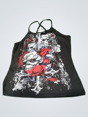 Schwarzes Tanktop mit Totenkopf- und Rosenmotiv