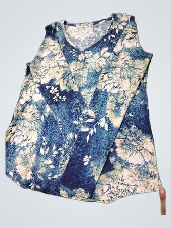 Damenoberteil mit V-Ausschnitt, blauem Blumenmuster und langen Ärmeln