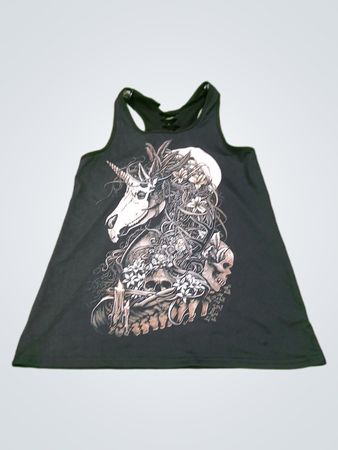 Schwarzes Tanktop mit Einhorn- und Totenkopf-Grafik