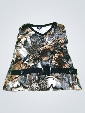 LINDOR Damen V-Ausschnitt Langarm-Oberteil mit Gürtel und Federprint
