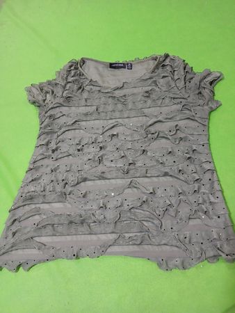 NOTATIONS Damen Graues Rüschentop mit Pailletten, Kurzarm, Größe M