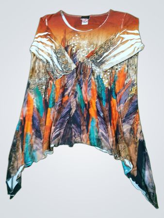 Jostar Damen Tunika-Oberteil mit orange-braunem Federprint
