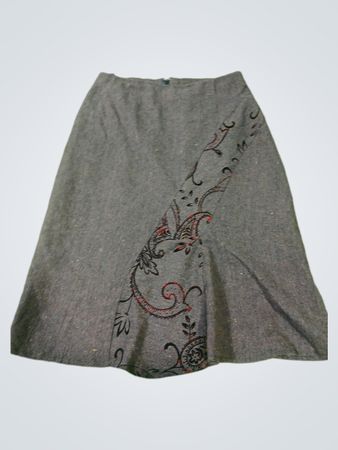 Brown A-line skirt with black and red paisley print detail