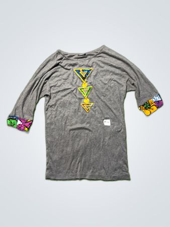 Oneway Gray 3/4 Sleeve Shirt with African Print Accents