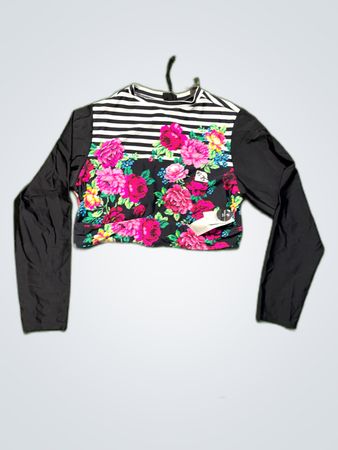 TORRID Black and White Striped Long Sleeve Top with Floral Design