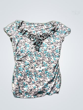 Mango Grey Teal Printed Ruffled Blouse