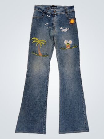 Jean évasé bleu femme Denny Rose avec imprimé tropical