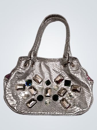 Silver Embellished Snake Print Handbag
