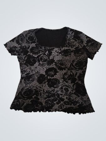 Schwarzes Blumenmuster Quadrat-Ausschnitt Kurzarm-Top mit Salatkante